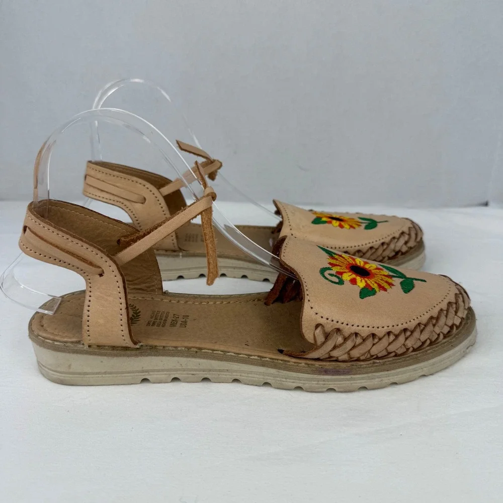 Mexican Huarache Sandals Tan Leather Sunflower‎ Embroidered Ankle Tie Flats 10